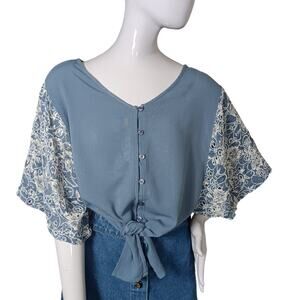 Harper Tie Button Down Blouse Dolman Lacey Sleeves Size XS Light Blue and White